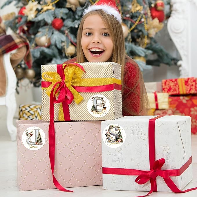 CALLIE Personalized Christmas Gift Tags with Initial and Name, Golden Reindeer Waterproof Label Stickers for Wrapping Paper Presents, Christmas Decorations Gift for Family Friend