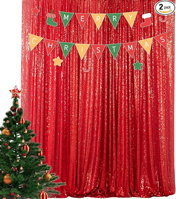 ShinyBeauty Red Sequin-Backdrop-Curtain 2Panels 5FTx10FT Glitter Wedding Photography Background Shimmer Curtains Payette Sequin Backdrops Red Sequins Fabric Backgrounds