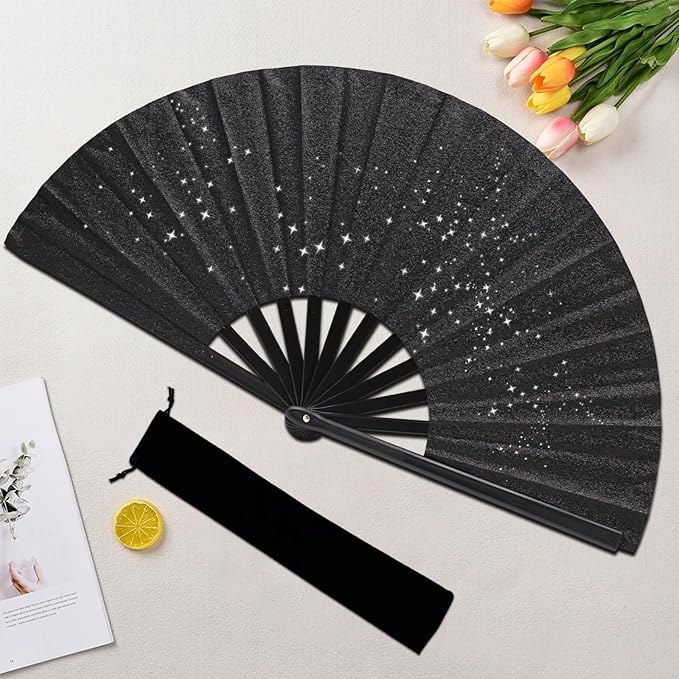 Glitter bling Large Folding Fan-Hand Fan Rave Clack Popping Fan for Line Dancing Clacking Fans for Boots On The Ground Dance, Party for EDM, Music Festival, Hot Flashes, Party, Decoration(1pcs black)