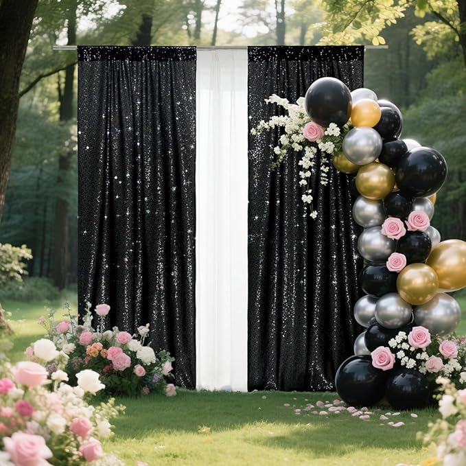 SquarePie Sequin Backdrop Curtain 2FT x 8FT Black for Halloween Party 2 Panels