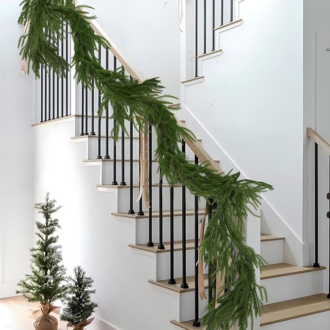 Hananona 2 Pcs 9 Ft Artificial Norfolk Pine Garlands, Real Touch Winter Pine Garland, Green Artificial Greenery Garland for Table, Mantle, Wall, Indoor, Outdoor Christmas Decorations (2, 9 Ft)