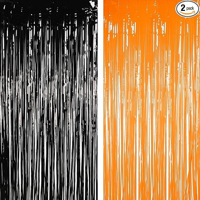 BRAVESHINE 1 Black 1 Orange Tinsel Photo Backdrop Curtains - 3.2x8.2ft Foil Fringe Streamer Curtain for Birthdays, Halloweens, Graduations, Pumpkin, Home, Indoor or Outdoor Party Supplies Decorations