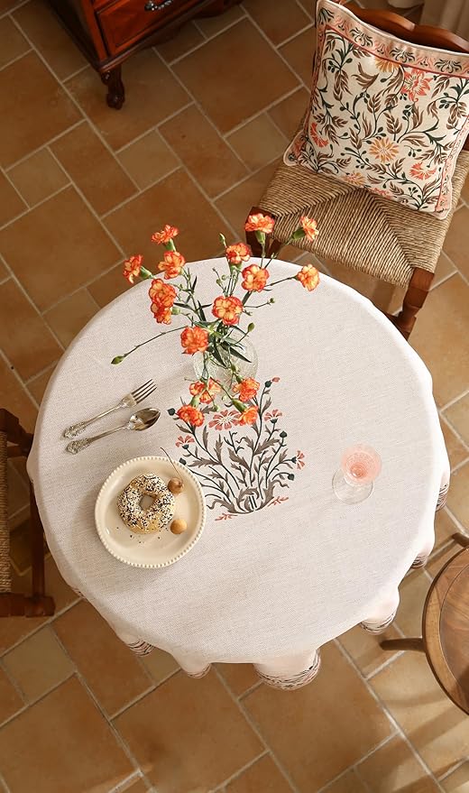 ISAENNE Floral Tablecloth for Round Tables,Linen Table Cloth with Double-Edged Lily Pattern,Heavy Durable Table Cover for Dining Thanksgiving Kitchen Decor Party Christmas,Diameter 55"