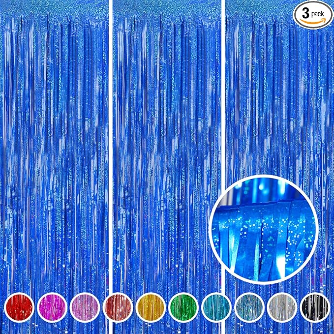 Foil Fringe Curtains Party Decorations - Melsan 3 Pack 3.2 x 8.2 ft Tinsel Curtain Party Photo Backdrop for Independence Day Decorations Birthday Party Baby Shower or Graduation Navy