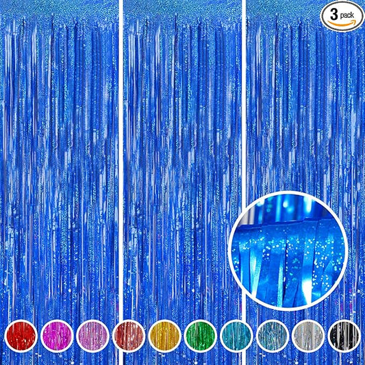 Foil Fringe Curtains Party Decorations - Melsan 3 Pack 3.2 x 8.2 ft Tinsel Curtain Party Photo Backdrop for Independence Day Decorations Birthday Party Baby Shower or Graduation Navy
