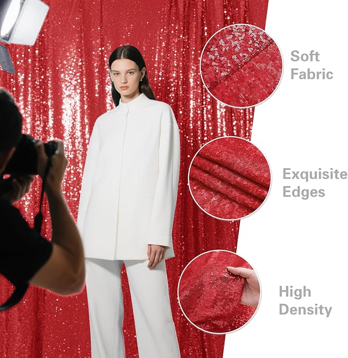Red Sequin Backdrop Curtain 4 Pieces 2FTx8FT Glitter Photography Backdrop for Party Wedding Birthday Christmas Decorations