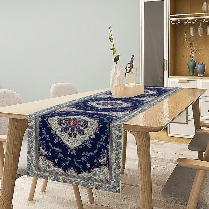 Elegant Palace Boho Blue Table Runner Vintage French Style Farmhouse Geometric Home Farmhouse Kitchen Table Dining Coffee Room Garden Party Wedding Decor 13x90in