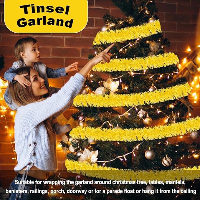 50 Feet Christmas Foil Fringe Banner Metallic Tassle Garland Metallic Backdrop Parade Floats Shiny Hanging Ceiling, Valentine's, Wedding, New Year Party Decorations(2" x 50', Macaron Yellow)
