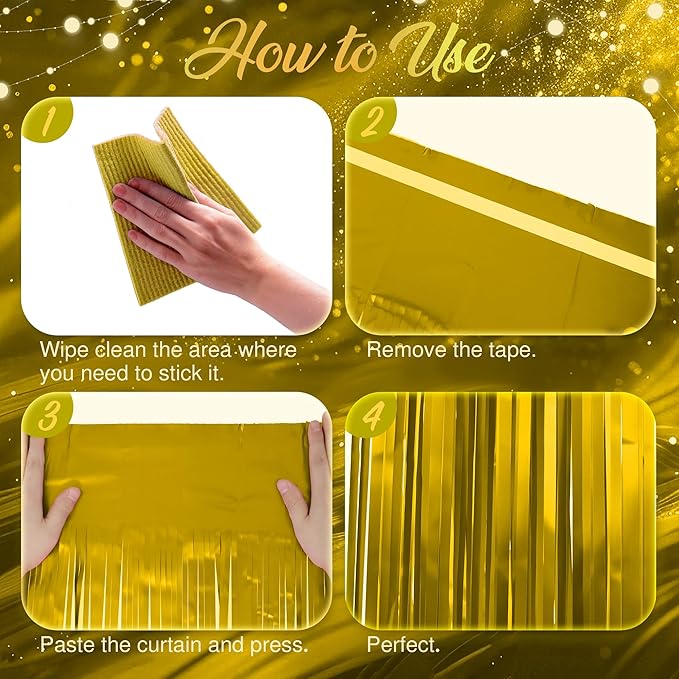 2 Pack Metallic Gold Fringe Backdrop, 3.2x8.2ft Shining Foil Tinsel Curtains, Birthday Party Decorations Door Streamers for Halloween, Christmas, Wedding, Graduation, Holiday, Theme Events