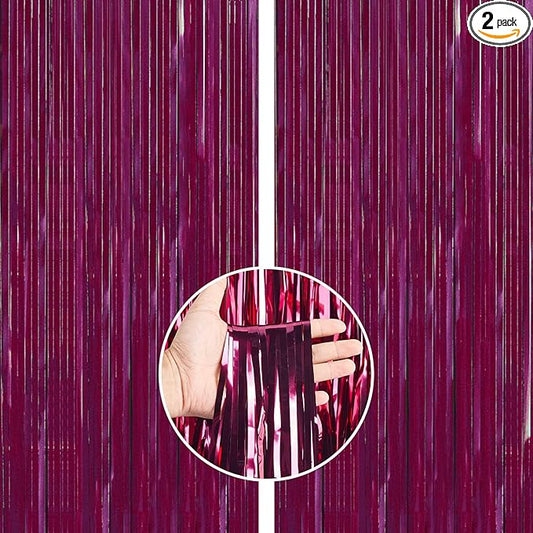 PartyWoo Foil Fringe Curtains, 2 pcs 3.3x6.6 ft Burgundy Red Streamers, Fringe Backdrop, Party Backdrop Curtain, Tinsel Curtains, Door Shimmer, Streamers Party Decorations for Birthday, Christmas