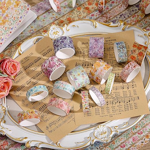 32 Rolls Washi Tape Set, Colored Floral Decorative Masking Tape, Artists Tapes for Junk Journal, Journaling, DIY Craft Projects, Scrapbooking Supplies Decor