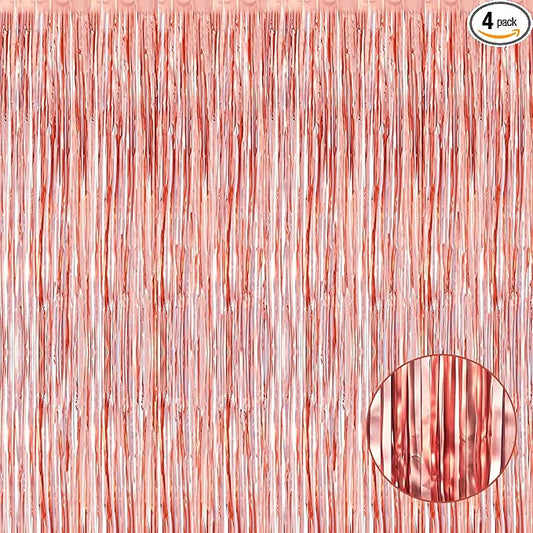 4 Pack Rose Gold Foil Fringe Curtain Backdrop, 3.28Ft x 8.2Ft Metallic Tinsel Foil Fringe Streamers Curtains for Party,