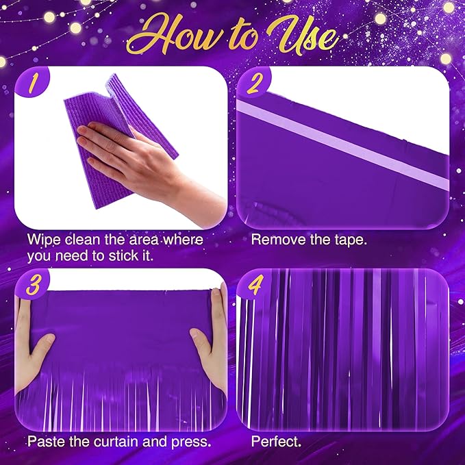 2 Pack Metallic Purple Fringe Backdrop, 3.2x8.2ft Shining Foil Tinsel Curtains, Birthday Party Decorations Door Streamers for Halloween, Christmas, Wedding, Graduation, Holiday, Theme Events