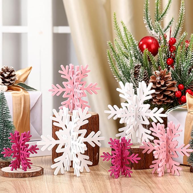 Bucherry 12 Pcs Wooden Snowflake Table Decor 3D Snowflake Tabletop Signs and Centerpiece for Christmas Xmas Winter Wonderland Decorations Home Party(White, Pink, Rose Red)