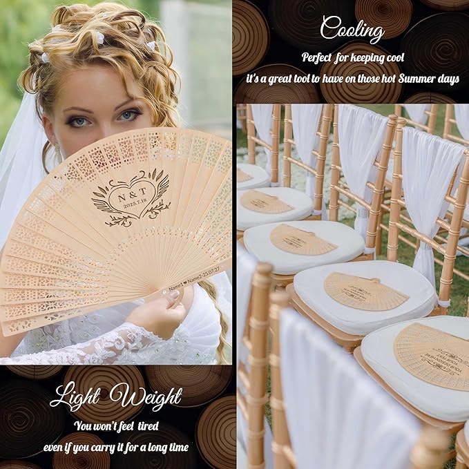 100 PCS Custom Fans Personalized Folding Fans for Line Dancing Wooden Hand Fan Wedding Favors Bulk Fans for Guests Party Event Use (Style02)