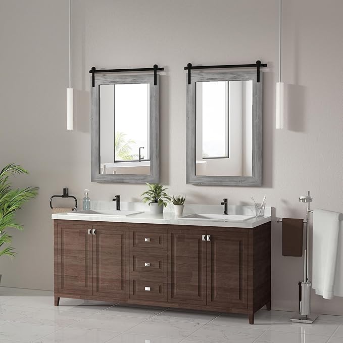 COGOOD Farmhouse Bathroom Mirror - 42 x 29 Rustic Barn Door Style Mirror for Living Room, Entryway, Vanity Wall Decor (Grey)