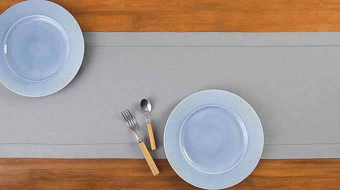 Solino Home Cotton Linen Light Grey Table Runner 72 Inches Long - Hemstitch Table Runner 14 x 72 Inch for Dresser, Dining, Fall, Autumn, Halloween, Thanksgiving, Christmas, Holiday