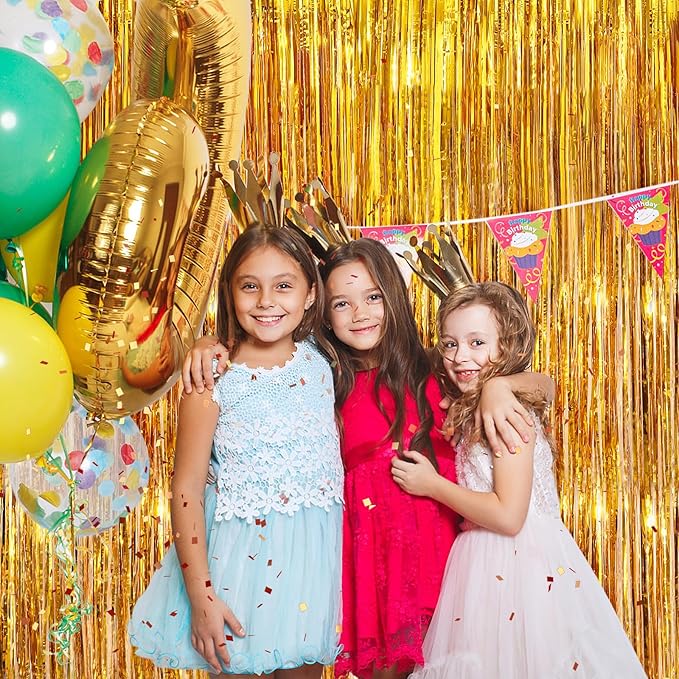 Gold Metallic Tinsel Foil Fringe Curtains, 4 Pack 3.3x8.3 Feet Party Streamer Curtains for Birthday Party Decorations, Halloween Decor, Foil Curtain Backdrop for Bachelorette Party