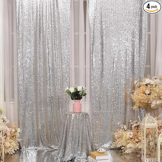 Poise3EHome Silver Sequin Backdrop Curtain, 4 PCS 3FT x 8FT Sequin Panels for Backdrop,Sequence Wedding Party Background Drapes