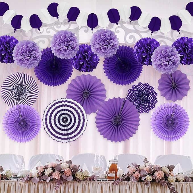 Party Decorations, Purple Papar Fans Pompoms Garlands for Women Girls Mothers Day Bachelorette Wedding Birthday Baby Showers Valentine's Day Party Decorations