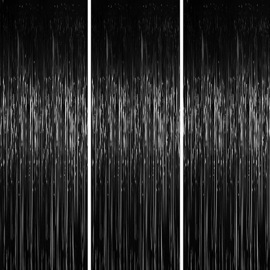 3 Pack 3.3 x 6.6 ft Black Foil Fringe Backdrop Curtains, Tinsel Streamers Party Decorations, Fringe Backdrop for Birthday, Baby Shower, Gender Reveal, Graduation