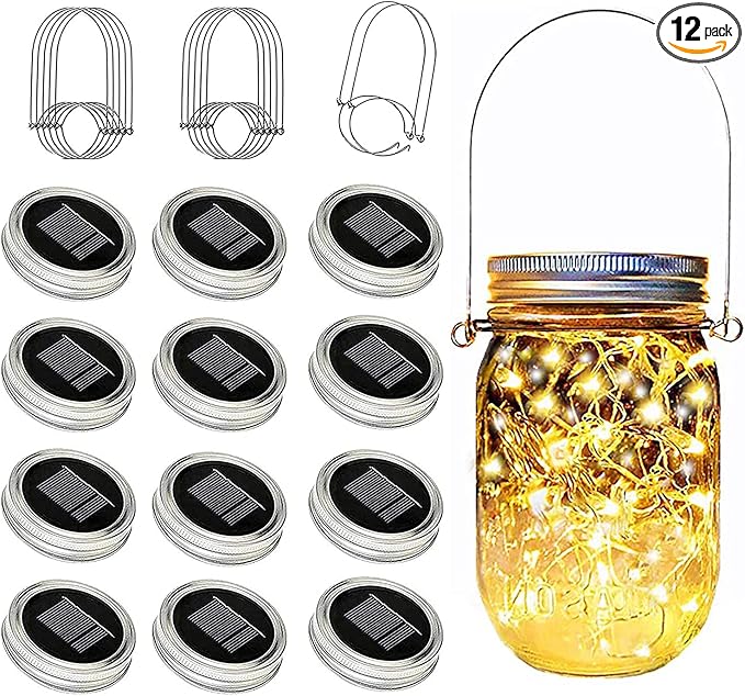 12 Pack Solar Mason Jar Lid Lights - 30 LED Firefly Fairy String Lights, Waterproof Outdoor Solar Lights with Hangers for Regular Mouth Jars (No Jars Included)