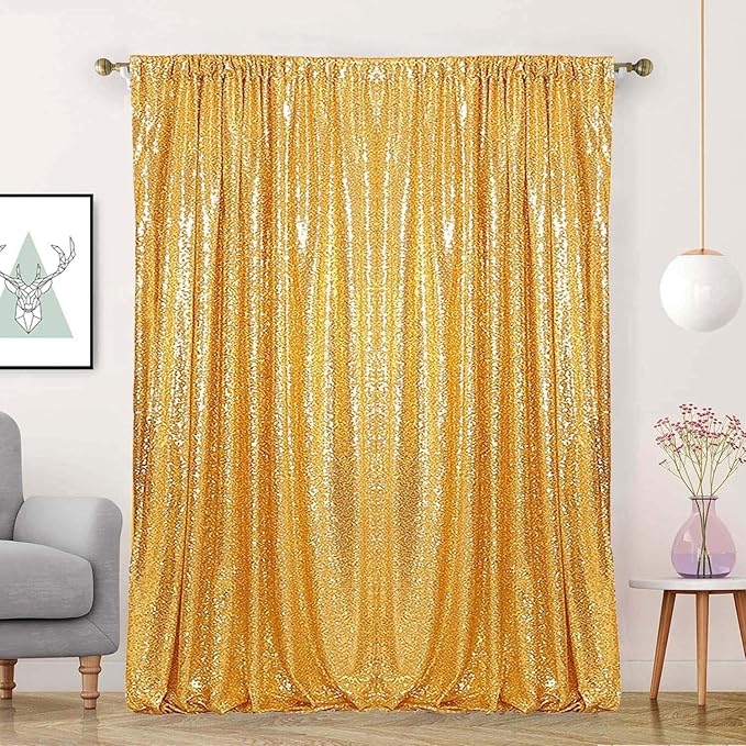 Gold Sequin Backdrop Curtain 8FTx8FT 1 Panel Sequin Backdrop Drape for Parties Glitter Photo Background for Wedding Baby Shower Christmas