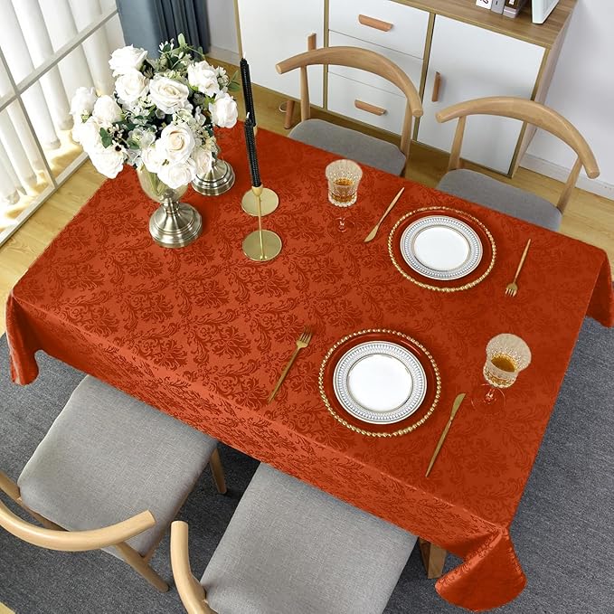 SASTYBALE Jacquard Rectangle Tablecloth, Rusty Spill-Proof Wrinkle Resistant Damask Table Cloth, Soft Polyester Oblong Table Cover for Kitchen Parties Thanksgiving - 60 x 102 Inch Rust