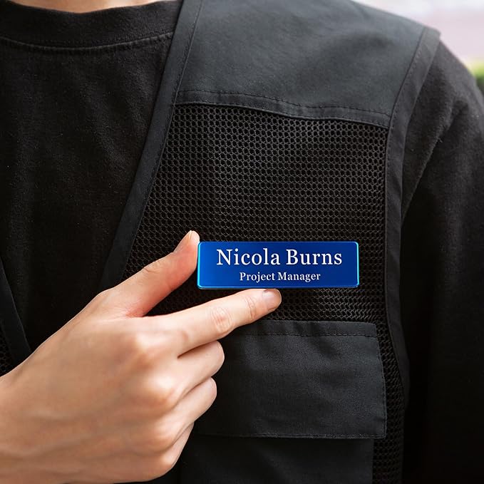 Magnetic Name Tags Personalized - Metal Engravable Name Badges with Pin or Strong Magnetic Backing for Teachers, Kids, Business, 1x3 Inch (Blue, Design 1)