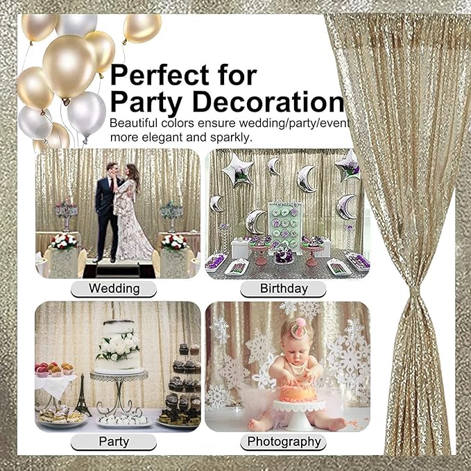 Champagne Sequin Backdrop 8FTx8FT 1 Panel Sparkle Metal Backdrop Curtain Glitter Background Drape for Weddings Showers Parties Photography Birthday