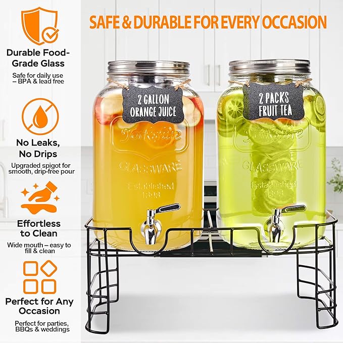2 Gallon Glass Drink Dispenser for Parties, 2 Pack Beverage Dispenser with Stand, Lemonade Dispenser with 18/8 Stainless Steel Spigot, Leakproof for Sun Tea, Juice, Picnic, BBQ & Bars