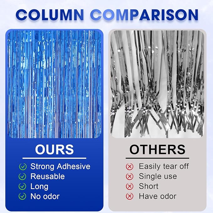 3 Pack 3.3 x 8.2 ft Laser Blue Foil Fringe Backdrop Curtains, Tinsel Streamers Birthday Party Decorations, Fringe Backdrop for Graduation, Baby Shower, Gender Reveal, Disco Party