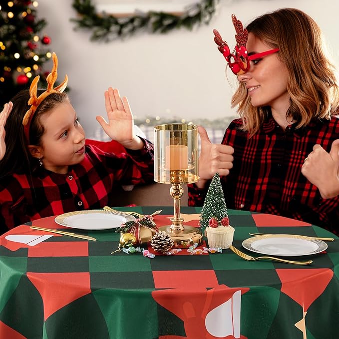 Christmas Tablecloth Round 60 Inch Waterproof, Machine Washable Checkered Polyester Table Cover for Xmas Party, Winter Holiday Home Decoration in Festive Checkered Star 1pack