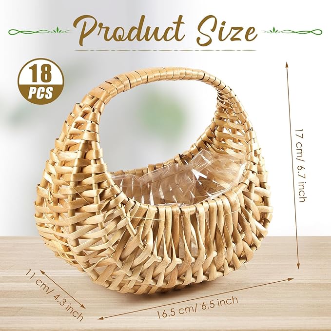 Taiyin 18 Pack Rattan Flower Girl Basket Small Half Moon Straw Wicker Basket with Handle Ideal for Wedding Flower Girl,Picnic,Garden Storage and Home Decor (Nature)