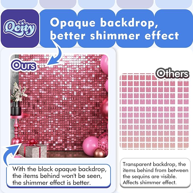 Qcity Pink Shimmer Wall Backdrop 36PCS, Black Back Not See-Through Design, Square Sequin Glitter Backdrop Panel, Perfect for Outdoor Events, Birthdays, Wedding and Party Decoration