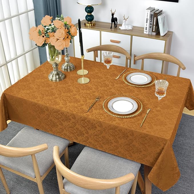 Square Table Cloth - 52 x 52 Inch Brown Jacquard Tablecloths Damask Design Spillproof Wrinkle Resistant Shrinkproof Soft Tablecloth Polyester Oblong Table Cover for Kitchen Dinning Party Tabletop