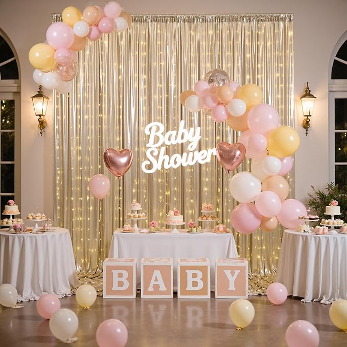 PartyVillage 30x10FT Champagne Gold Sequin Backdrop Curtain with String Lights – 6 Panels 5x10FT Sparkly Wrinkle-Free Glitter Backdrop Drapes for Wedding, Birthday, Photography, Graduation Party Décor