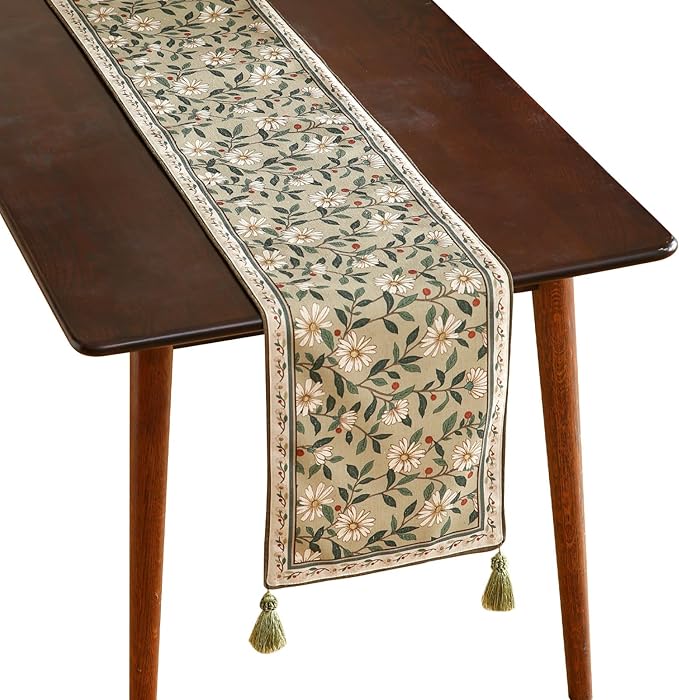 ISAENNE Designer Green Elegant Linen Table Runner 87 Inches Long,Flower and Leaves Pattern Wrinkle Resistant Table Runners for Dining Tables,Thanksgiving,Kitchen Tables,Christmas,12"*87"-Brune