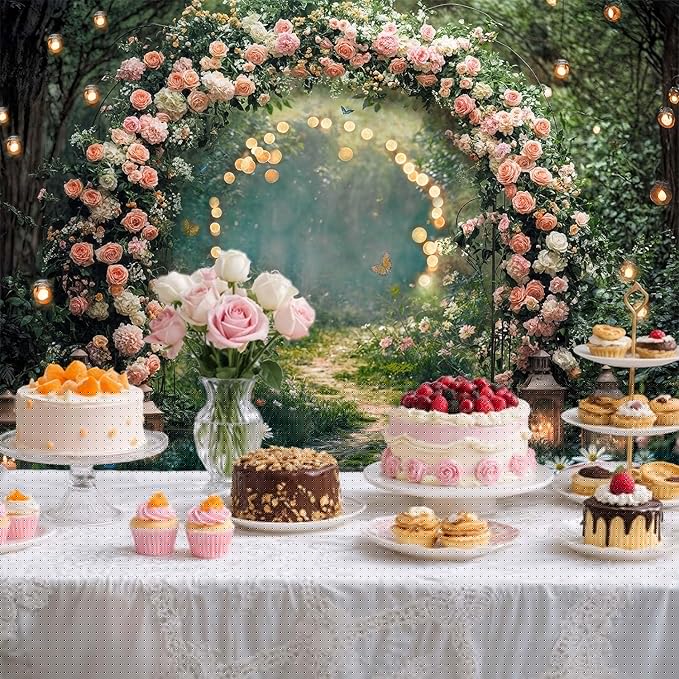 6x6ft Enchanted Forest Wedding Photography Backdrop Wonderland Roses Fairy Tale Backdrop Pink Flower Birthday Newborn Baby Shower Wedding Bridal Party Banner Photo Booth Props Anniversary Background