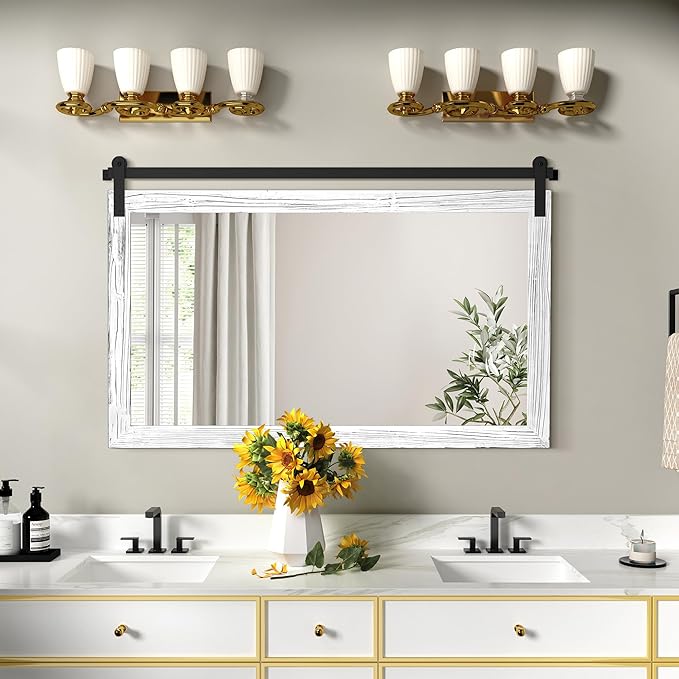 COGOOD Farmhouse Bathroom Mirror - 45 x 30 Large Rectangle Barn Door Mirror for Vanity, Bedroom, Living Room Wall Decor (White)