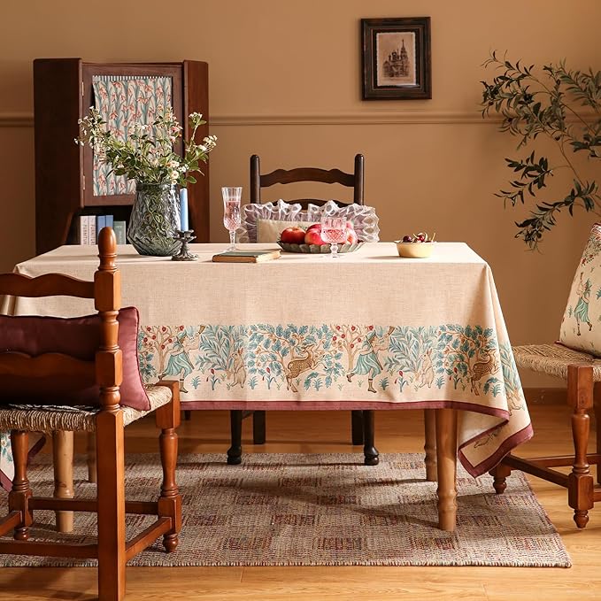patdrea Designer Beige Rectangle Tablecloth,Vintage French Linen Trees Pattern Table Cloth,Decoration Table Cover for Kitchen Dining Christmas,Thanksgiving,Tea Party,55"x79"-Tatiana D