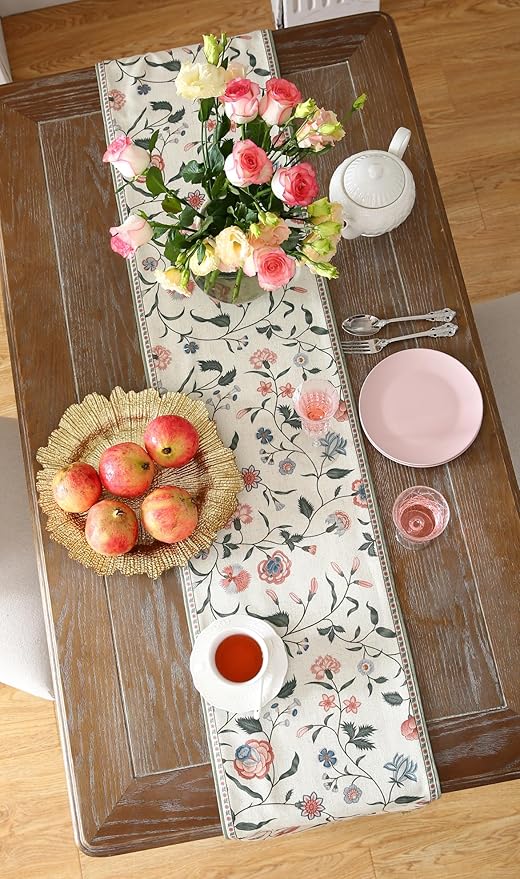 ISAENNE Designer Chinoiserie Elegant Linen Floral Table Runner 71 Inches Long,White Wrinkle Resistant Table Runners for Dining Tables,Thanksgiving,Kitchen Tables,Christmas,12"*71"-Daffy A