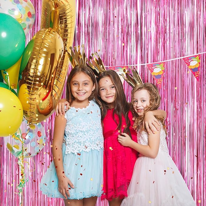 Pink Metallic Tinsel Foil Fringe Curtains, 2 Pack 3.3x8.3 Feet Party Streamer for Birthday Party Decorations, Halloween Decor, Foil Curtain Backdrop for Bachelorette Party
