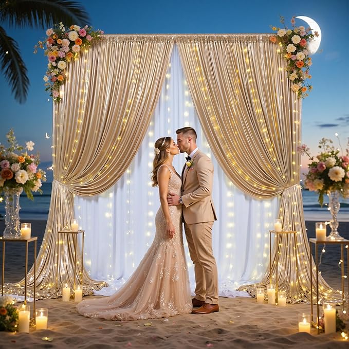 PartyVillage 30x10FT Champagne Gold Sequin Backdrop Curtain with String Lights – 6 Panels 5x10FT Sparkly Wrinkle-Free Glitter Backdrop Drapes for Wedding, Birthday, Photography, Graduation Party Décor
