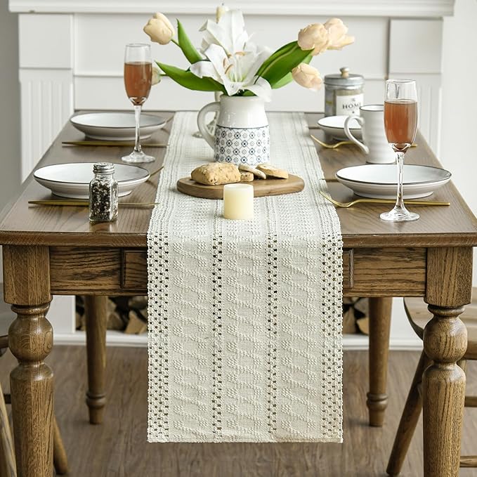 Artoid Mode Beige Farmhouse Woven Rustic Hollow Table Runner, Seasonal Holiday Hollow Kitchen Dining Table Decoration for Home Party Decor 12x90 Inch