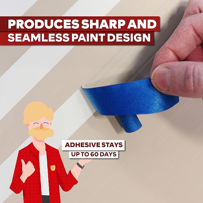XFasten Professional Blue Painters Tape 2 Inch x 60 Yards (3-Pack) Bulk Blue Masking Tape for Painting Walls | Residue-Free
