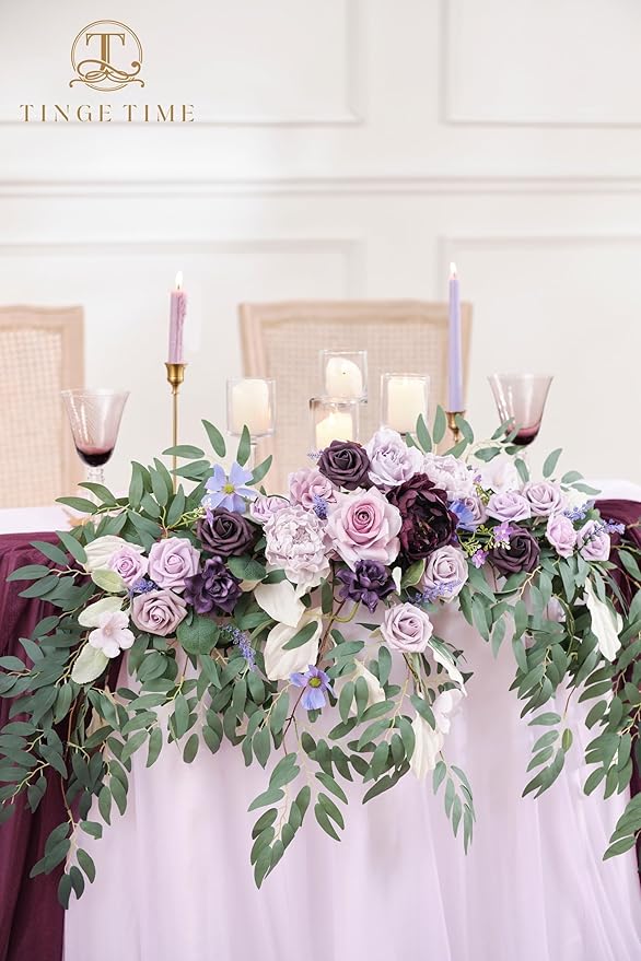 TINGE TIME Artificial Sweetheart Flower Swag with Tablecloth and Table Runner, Pack of 3 Floral Arrangement for Wedding Sweetheart Table Centerpiece Decoration (Lavender & Plum)