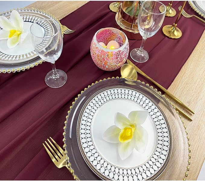 EHLDekol 10ft Chiffon Table Runners 29x120 inches Romantic Sheer Wedding Table Runner Top Table Bridal Party Decoration (Burgundy, 10ft)