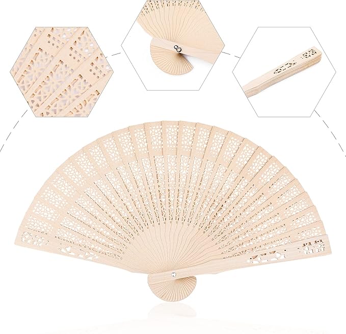 Durony 24 Piece Sandalwood Fans - Wooden Handheld Folding Fans, Scented, Vintage, for Wedding Decoration & Christmas Gifts, Natural