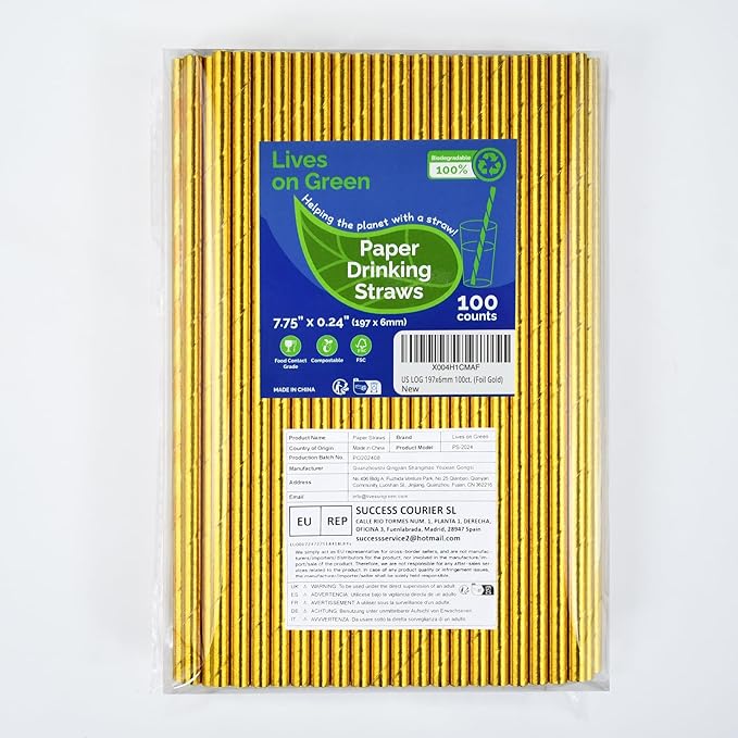 7.75 inch Compostable Gold Paper Straws 100 Counts - for Drinking, Cocktails, Party, Wedding, Decoration